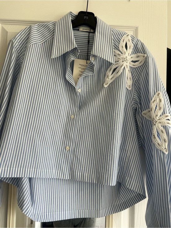 Sandro Tops - Sandro Blue & White Striped Button-Down Shirt with Floral Appliqué